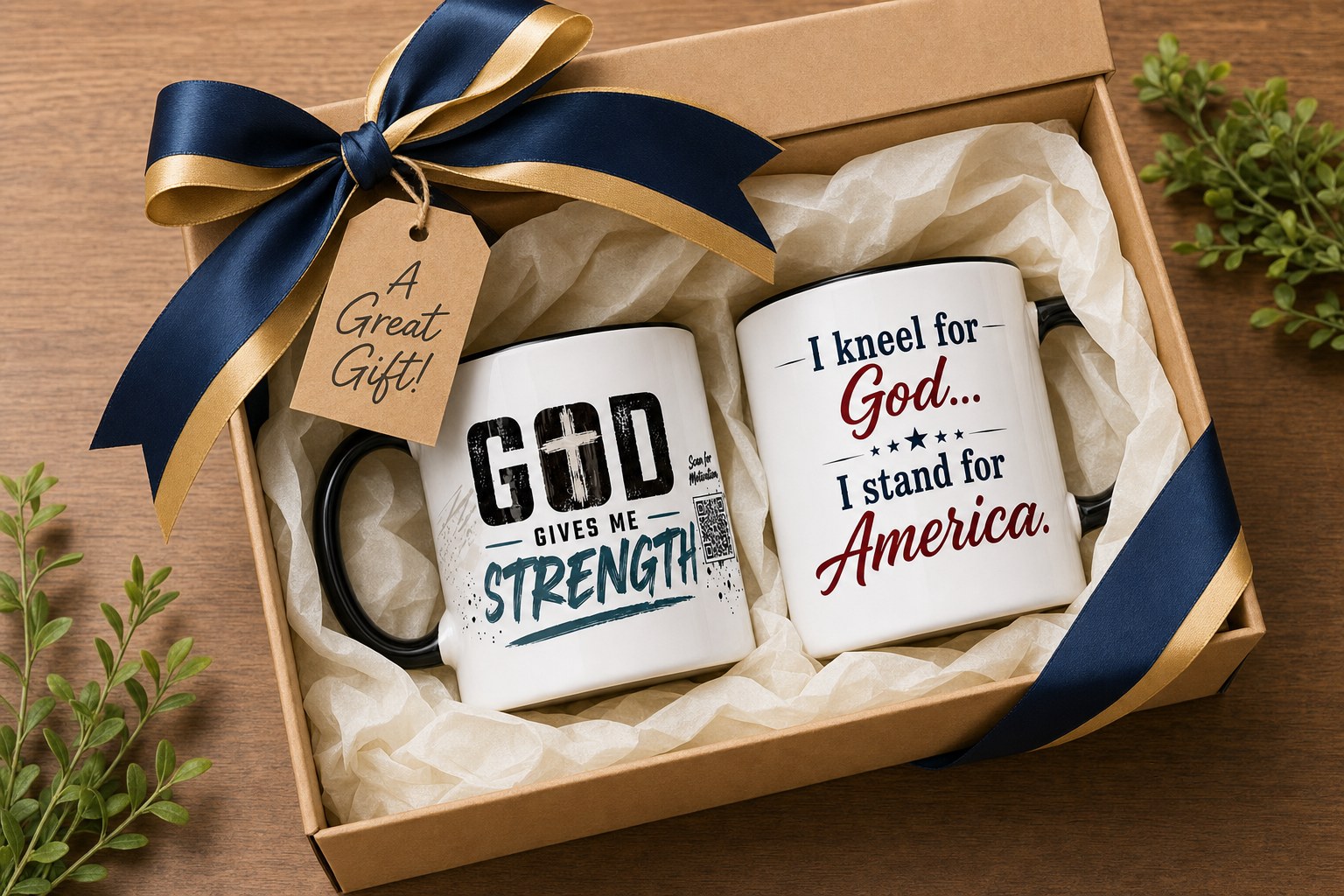 God Gives Me Strength and I Kneel for God, I Stand for America mugs gift-wrapped in a kraft box with a navy and gold ribbon